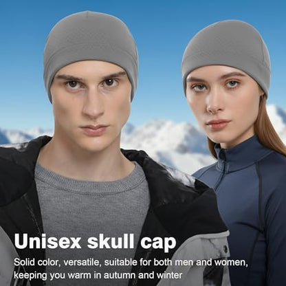 2 Pack Thermal Skull Caps for Men Women Wind-Resistant Fleece Beanie Hats Cold Weather Helmet Liners for Cycling - color: Black+gery