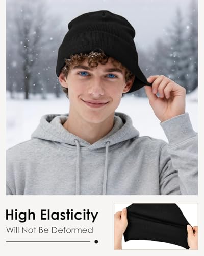 Century Star Men's Fleece-Lined Beanie Winter Knit Hat - Stretchable, Warm, Windproof, Unisex Cuffed Ski Cap for Sports - color: Black