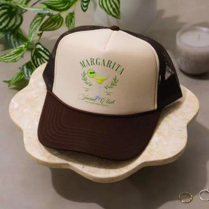 Margarita Social Club Trucker Hat | Margs Tequila Drinking Funny Cute Drinks | Premium Mesh Foam Trucker Hat for Men & Women - color: Purple/White