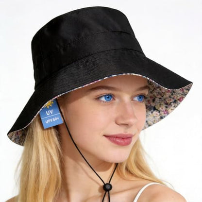 Lightweight Soft Women's Sun Hat, Floral Print UPF50+ UV Protection Bucket Hat, Foldable Portable, for Beach Vacation - color: Black