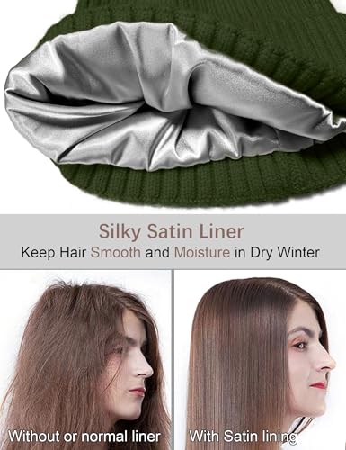 Satin Lined Wool Acrylic Blend Beanie Hat Women Men, Winter Knit Cap - color: Army Green