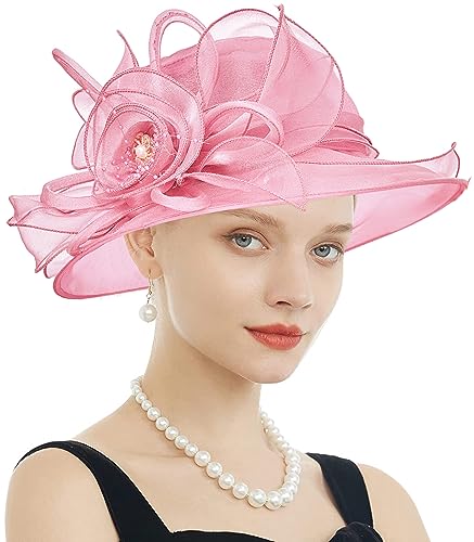 Women's Kentucky Derby Church Dress Hat Wide Brim Leaf Flower Bridal Shower Hat - color: F7 Rose Pink