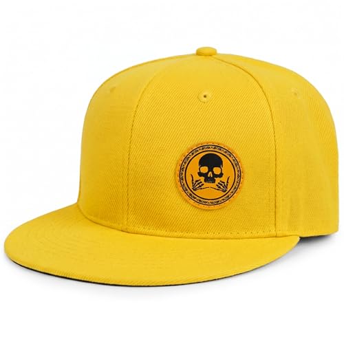 Flat Brim Hats for Men - Gothic Style Skull Hat Leather Pattern - Hip-Hop Snapback Hat Skeleton Hats for Men - color: 03.skeleton-2-yellow