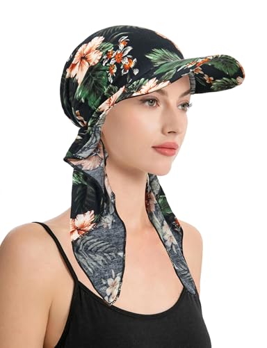 ZLYC Chemo Headwear for Women Brim Visor Head Scarf Pre Tied Headwraps Lightweight Skull Cap - color: Flowers Black