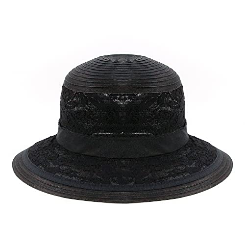 Haoohu Women's Church Derby Hat Wide Brim Bow Bucket Hat Wedding Dress Hat Fascinator Bridal Tea Party Hat - color: Mb Black