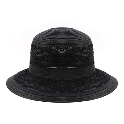 Haoohu Women's Church Derby Hat Wide Brim Bow Bucket Hat Wedding Dress Hat Fascinator Bridal Tea Party Hat - color: Mb Black