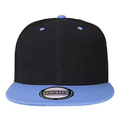 Falari Wholesale 12 Pack Snapback Hat Cap Hip Hop Style Flat Bill Blank Solid Color Adjustable Size - color: 12-pack Black/Sky Blue
