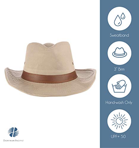 Dorfman Hat Co. - Saguaro -Men’s Twill Outback Hat -Garment Washed Twill -Faux Leather Band - UPF 50+ - color: Khaki, size: Large