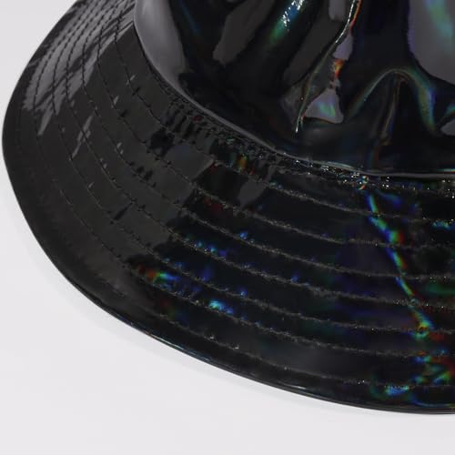 MILAKOO Rave Hologram Metallic Bucket Hat Reversible Cap Reflective Waterproof Rain Fisherman Hat - color: A: Black