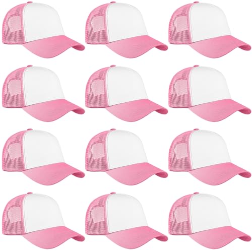 Falari 12 Pack Bulk Wholesale Mesh Trucker Hats 5 Panel and 6 Panel Baseball Caps for Men and Women - color: 5 Panel - Pink