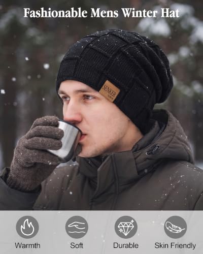 Senker Fashion 2 Pcs Winter Slouchy Beanie Hats for Men, Warm Mens Beanies - color: Black Black