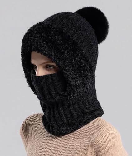 Womens Knit Beanie Hat Fleece Lined Winter Scarf Mask Set Snow Caps Plush Earmuff Skull Hats with Pompom - color: Black