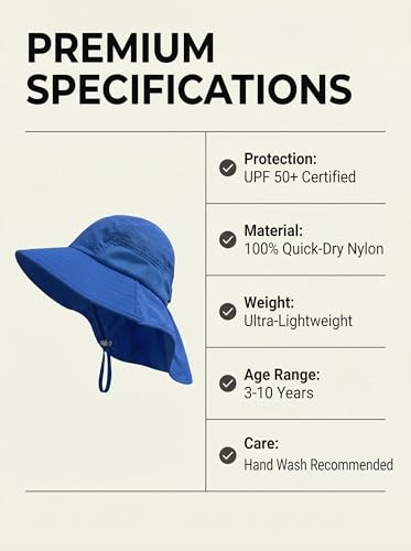 icolor Kids Sun Hat UPF50+ Sun Protection Bucket Hat Toddler Summer Beach Play Hats with Neck Flap for Girl Boy Ages 3~10 - color: Solidblue