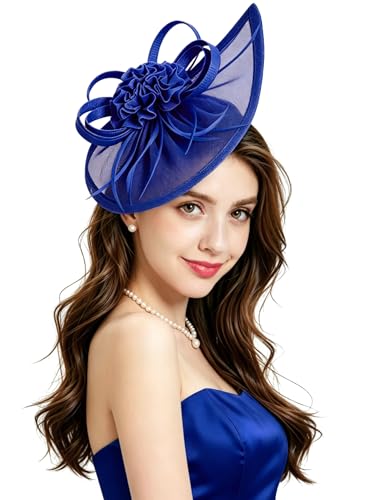 Z&X Sinamay Fascinator Hat Floral Feather Pillbox Derby Hats for Women Wedding Tea Party with Headband Clip - color: 008a Royal Blue