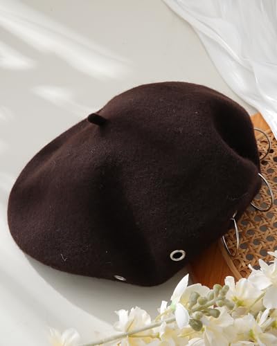 AWAYTR Punk Beret Hat for Women - 90% Wool Blend Goth Alt French Cap - color: Coffee