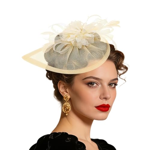 Women Vintage Fascinator Hat Flower Feather Mesh Headband Clip Pillbox Headwear for Wedding Tea Party - color: 01 Beige