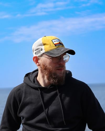 Jeep Have Fun Out There Patch Garment Washed Trucker Hat Unstructured for Men & Women - Adjustable Snapback Baseball Cap - color: Yellow