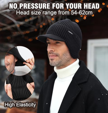 Wmcaps Winter Beanie with Brim & Ear Flaps, Fleece Lined Hat for Men Women - color: Navy Blue