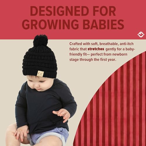 Funky Junque Baby Pom Pom Beanie – Soft Knit Infant Winter Hat for Baby Girls & Boys, Cozy Warm Newborn Beanie 0–12 Months - color: Black
