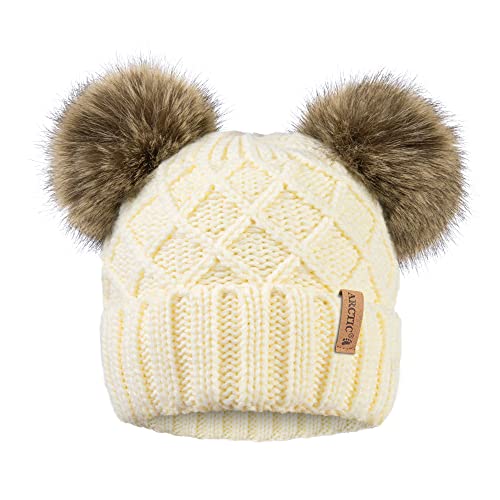 Arctic Paw Womens Winter Hat Cable Knit Beanie for Women Faux Fur Pompom Ears - color: Cream Hat Coffee Ball