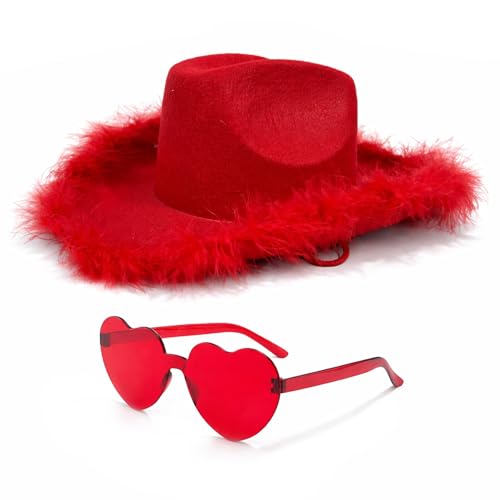 4E's Novelty Cowboy Hat with feathers With Heart Shaped Sunglasses for Women, Felt Cowgirl Hat for Party Costume Dress Up - color: Red