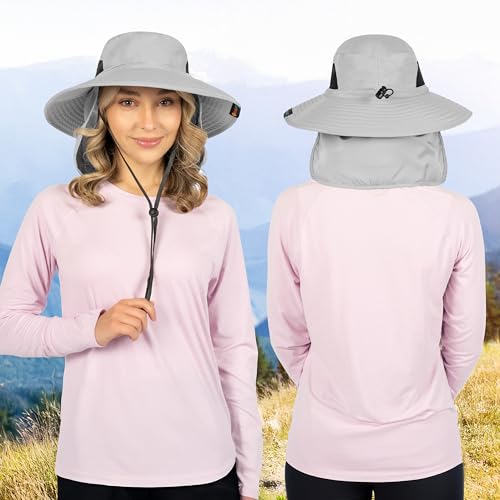 SUN CUBE Wide Brim Sun Hat for Men & Women, UPF 50+ UV Protection, Mesh Boonie Hat with Chin Strap, Fishing Hiking Hat - color: Light Grey With Flap