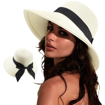 DRESHOW Sun Hats for Women Travel Fedora Foldable Beach Sun Hat Summer Wide Brim Straw Bucket Hat with Bowknot UPF 50+ - color: 1 Pack Bowknot Straw Hat: Ivory White
