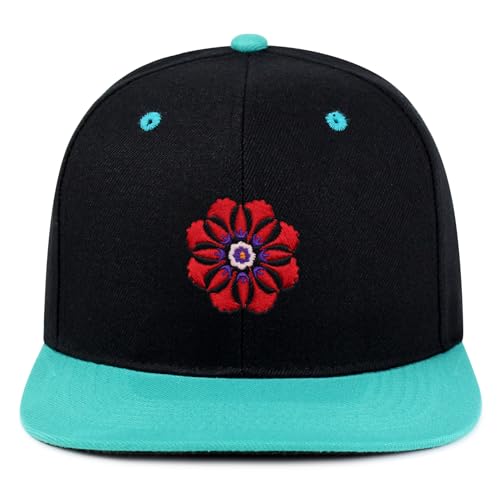 Flower Ornament Hip-Hop Snapback Hat Embroidered Baseball Cap Floral Embellishment - color: 15. Black/Aqua