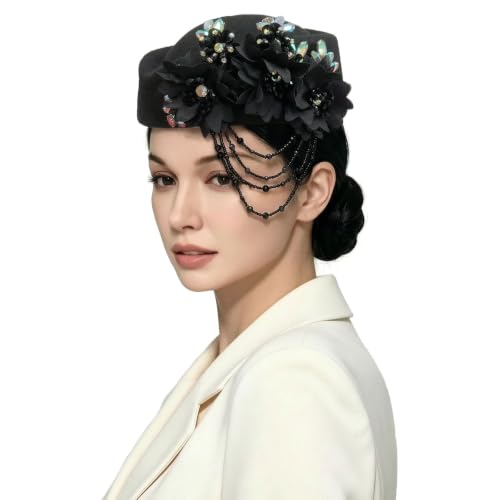 Women's Retro British Felt Headscarf Hat Church Derby Headdress with Floral Women's Soft Beret - color: 02 Black