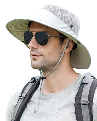 Mens Sun Hat Wide Brim Breathable Mesh UPF 50+ Waterproof Fishing Hat Safari Hat Foldable Boonie Cap - color: Light Gray