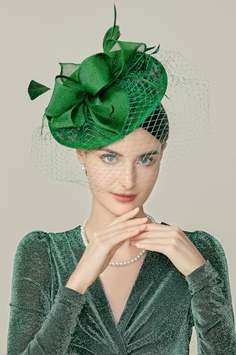 BABEYOND Fascinators Hats for Women Pillbox Kentucky Hat with Feather Veil - color: Green