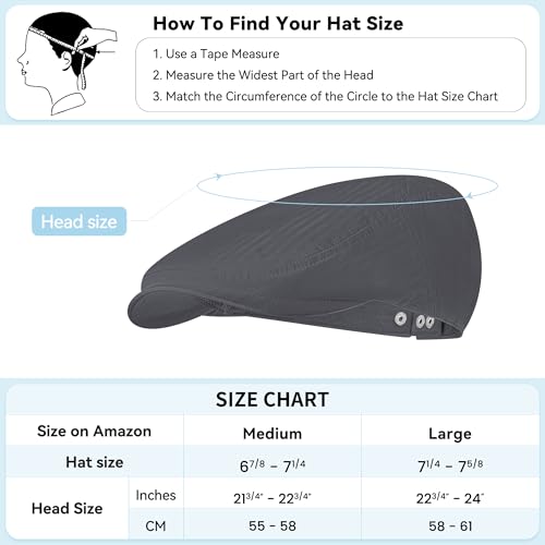 Men's Newsboy Flat Cap 100% Cotton Gatsby Ivy Golf Cabbie Hunting Summer Hat - color: Gray, size: Medium