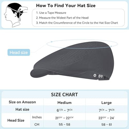Men's Newsboy Flat Cap 100% Cotton Gatsby Ivy Golf Cabbie Hunting Summer Hat - color: Gray, size: Medium