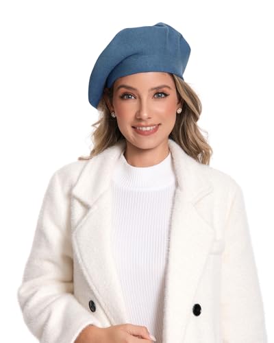 Women's Knitted Beret, French Style Double Layer Winter Autumn Warm and Soft Beanie Hat Cap - color: Denim Blue