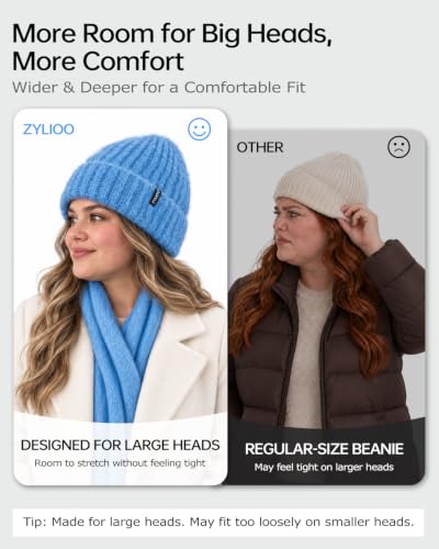 XXL Chunky Beanie for Big Heads Men Women,Loose Thick Knit Winter Hat - color: Blue