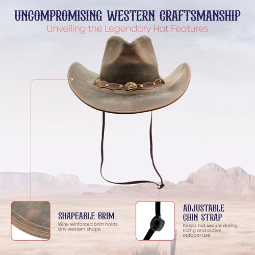 Equine Care Leather Cowboy Hat for Men & Women, Genuine Leather Western - color: Antique Brown, size: 7-7 1/8