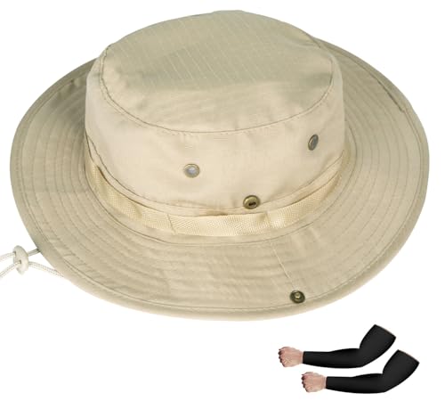 Rosoz Sun Hats for Men Women Bucket Hat UPF Protection Wide Brim Boonie Hat - color: 1pack-beige/(Arm Sleeves)