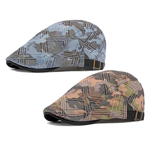 2 Pack Men's Plaid Cotton Flat Newsboy Ivy Cabbie Golf Gatsby Cap Hat - color: 605bk