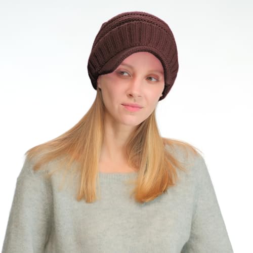 C.C Trendy Warm Oversized Chunky Soft Oversized Ribbed Slouchy Knit Hat with Visor Brim - color: Brick