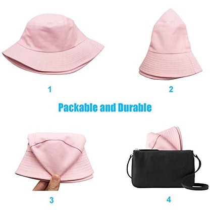 Bucket Hat for Women Men, Reversible Cotton Summer Sun Beach Cap Solid Color Style - color: A-pink