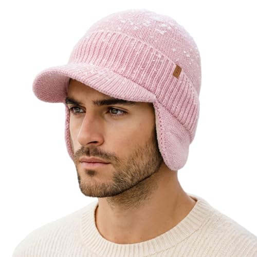 TOP-EX DryKnit™ 80% Merino Wool Waterproof Warm Brim Beanie with Ear Flaps - color: Pink (Waterproof), size: Large-X-Large