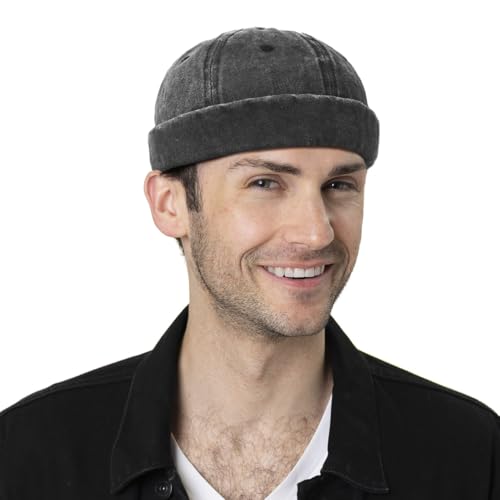 XYIYI Washed Cotton Brimless Hats for Men Vintage Docker Beanie Cap Rolled Cuff Skullcap - color: Black
