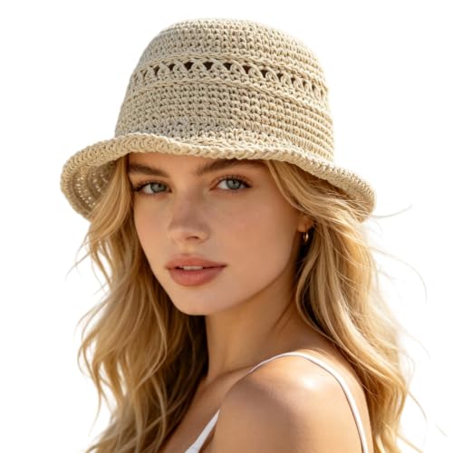 Floppy Big Beach Straw Hats for Women Foldable Summer Wide Brim Packable Sun Hat Womens Travel Straw Fedora Hat - color: Beige-7