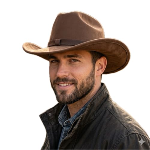 Faux Suede Cowboy Hat, Western Outback Fedora, Wide Brim, Cattleman Pinch Front Crown, Unisex Rancher Style, Water Resistant - color: Chestnut