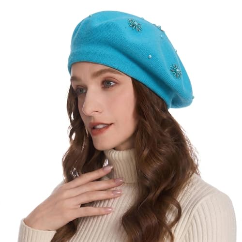 ZLYC Women French Beret Hat Reversible Knit Thickened Warm Artist Cap - color: Plain Blue