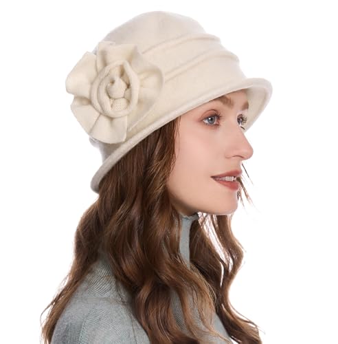 ZLYC Women Wool Cloche Bucket Hat 1920s Vintage Winter Hat with Flower - color: Floral Cream White