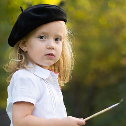 Wheebo Berets for Kids Wool French Beret Hats Artist Painter Hats for Little Girls Boys Solid Color Style - color: Black