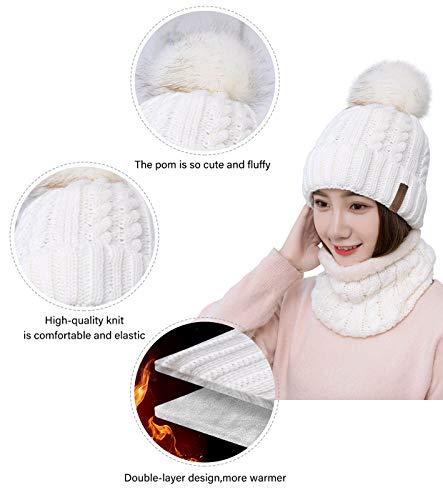 IYEBRAO Womens Winter Knit Beanie Hat and Scarf Set Girls Cute Slouchy Thick Fleece Lined Ski Hat Warm Skull Cap with Pom - color: A4-white