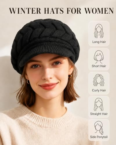 YSense 2 Pack Womens Winter Hats Warm Knit Beanie with Visor - color: Black Wine Red