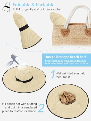 Floppy Sun Hats for Women, Summer Wide Brim Straw Beach Hat - color: Beige Black, size: Large